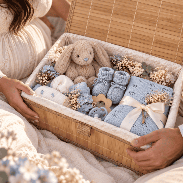 Gender reveal box jongen van Bellyflowers met blauwe bloemen en babycadeautjes