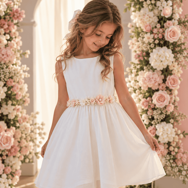 Princess Petal Mini Bloom bloemenband voor meisjes in witte feestjurk