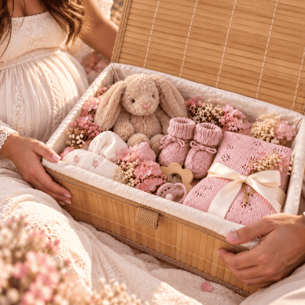 Roze gender reveal box meisje met bloemen en babycadeautjes van Bellyflowers