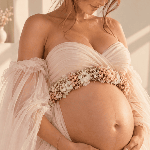 Rosé Whisper Bellyflower – handgemaakte bloemenband voor zwangeren in oudroze, ivoor en crème
