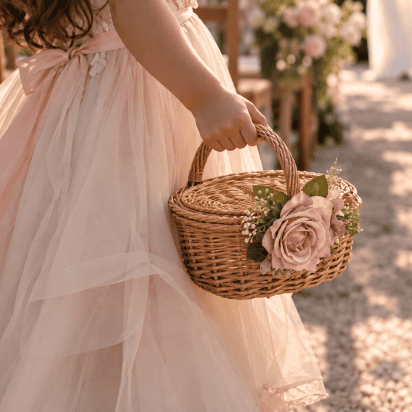 Bloemenmandje voor bruidsmeisjes met roze roos bij een romantische bruidsjurk