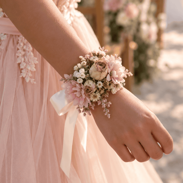 Roze en lila bloemenpolscorsage om de pols van een bruidmeisje – handgemaakt bloemenaccessoire van Bellyflowers
