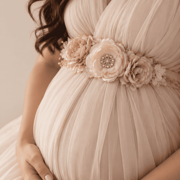 Amour Bellyflower – handmade satin flower maternity belly band in soft nude and ivory tones