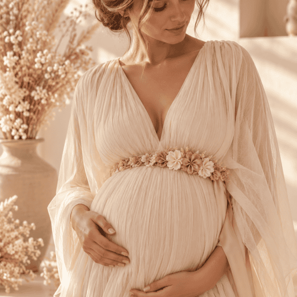 Zwangere vrouw met de Satin Grace Bellyflower met subtiele satijnen bloemen in zachte tinten