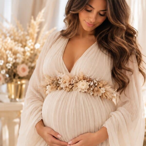 Nude Elegance Bellyflower met beige gedroogde bloemen op een zwangerschapsjurk