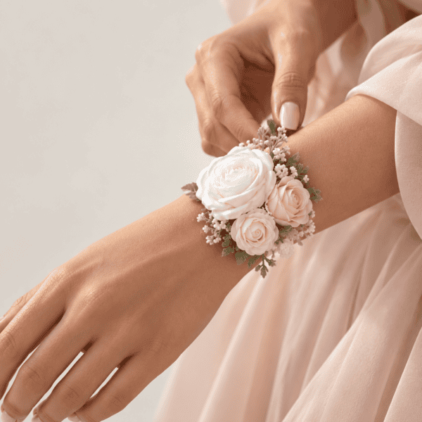 Ivory Rose polscorsage voor bruiloft met ivoorkleurige bloemen