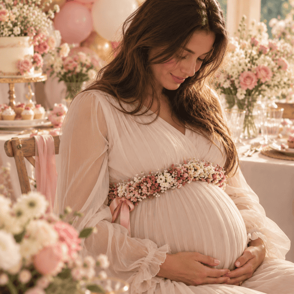 La Vie en Rose Bellyflower – handgemaakte roze en crèmekleurige bloemenband voor een mommy-to-be tijdens een babyshower